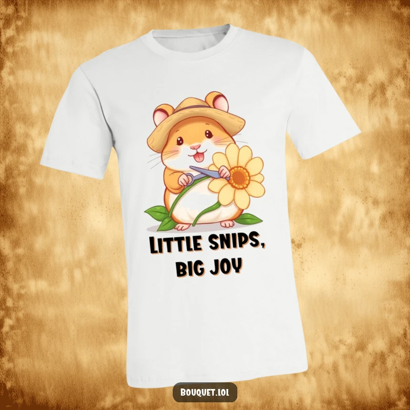 Funny t-shirt of a happy hamster wearing a straw hat, holding tiny scissors while cutting a large flower stem, garden humor.