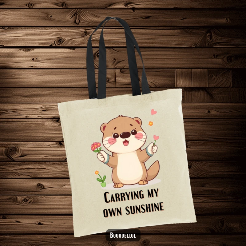Funny tote bag featuring a playful otter in gardening gloves, tossing a small bouquet of flowers, perfect for carrying essentials with flair.