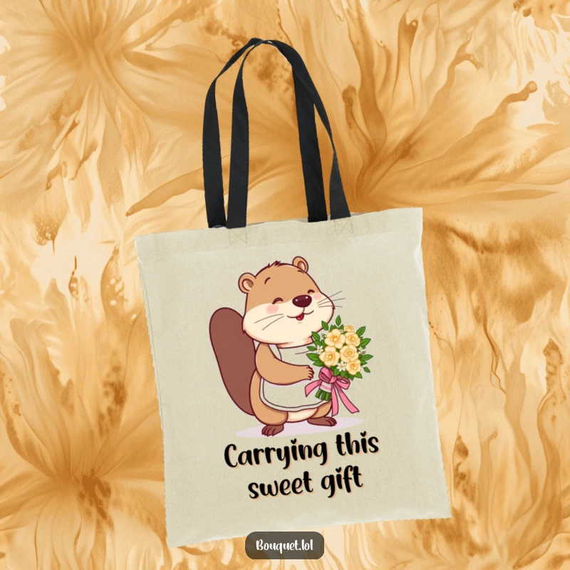 Funny beaver florist tote bag, a busy, apron-clad beaver expertly tying a ribbon on a flower bouquet, showcasing craftsmanship.