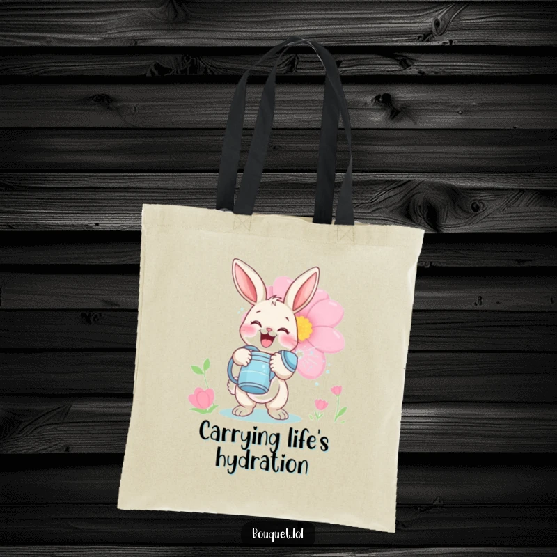 Funny bunny gardener tote bag, featuring a happy rabbit playfully watering a large flower with a watering can, perfect for garden lovers.